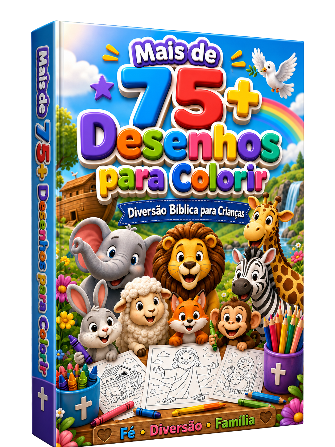 Mockup do kit com mais de 75 desenhos biblicos para colorir